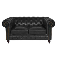 Windsor 2 Seater Black Leather Chesterfield Sofa-Dovetailed & Doublestitched